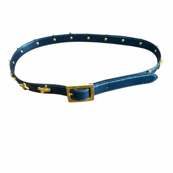 Vtg 80s Paloma Picasso Belt Gold Brass Signature X Buckle Dark Navy Leather main image 8